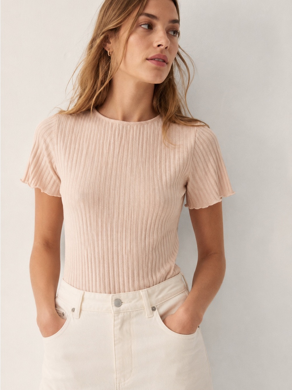 Zara Ribbed Short-Sleeve Tee - Light Pink